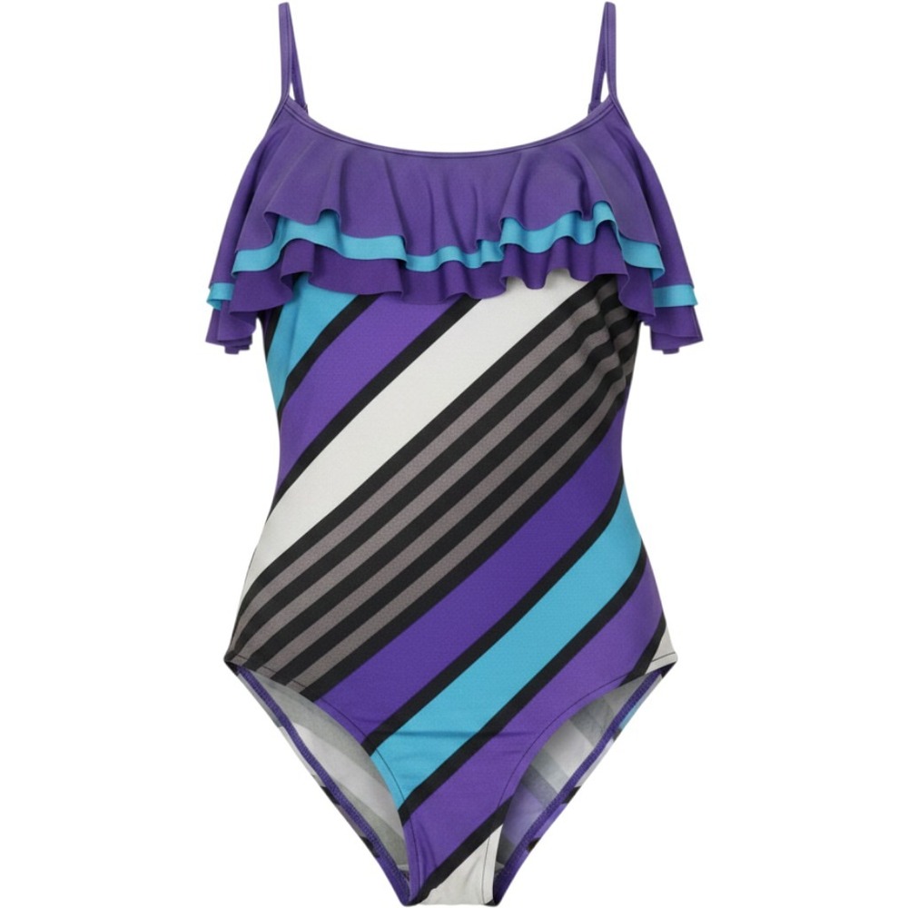 Sirena Vintage Ruffle One Piece Swimsuit Purple Blue Striped Metallic USA Made